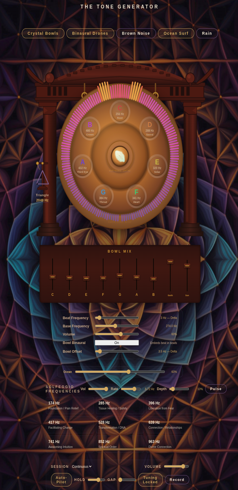 Crystal singing bowls and handpan interface with solfeggio frequency presets and binaural beat drones