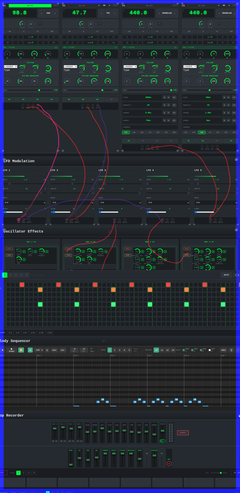 Rack Edition modular synthesizer with patch cable routing, MIDI control, LFO modulation, and effect chains