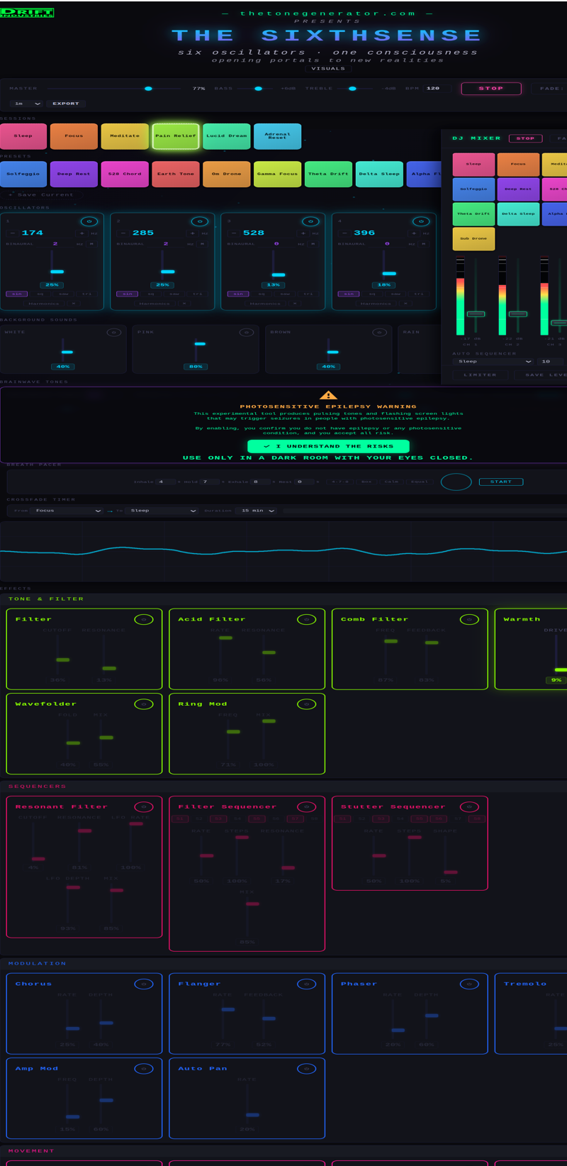The SixthSense — live frequency DJ mixer with binaural beats, solfeggio oscillators, and isochronic tones
