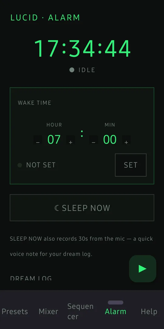 Resonance app Lucid Alarm screen with wake time, Sleep Now button, and dream log voice note