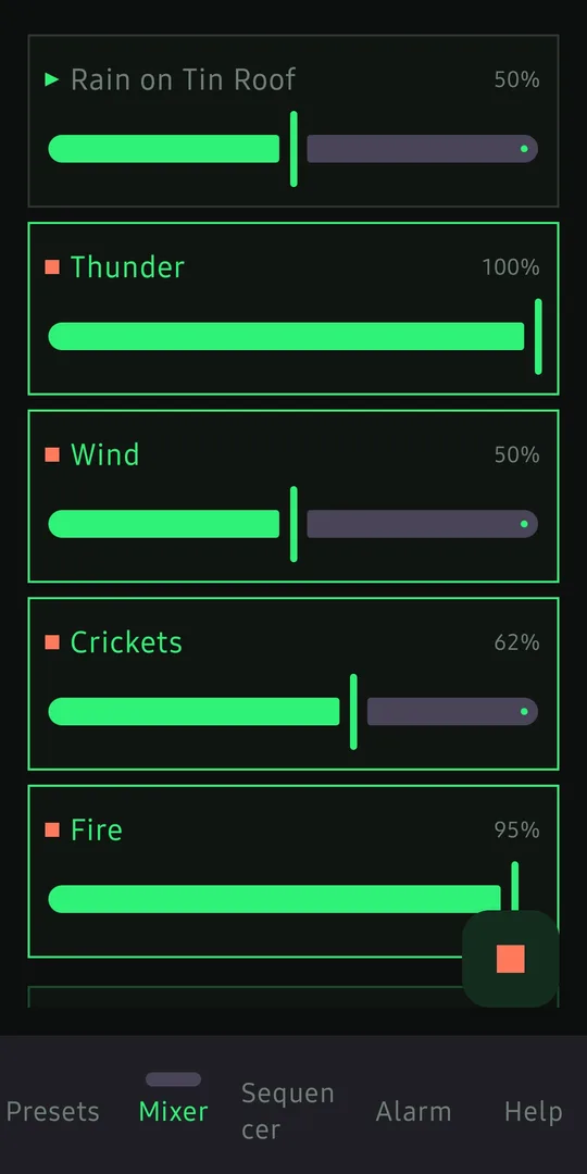 Resonance app ambient mixer — Rain on Tin Roof, Thunder, Wind, Crickets, Fire layers