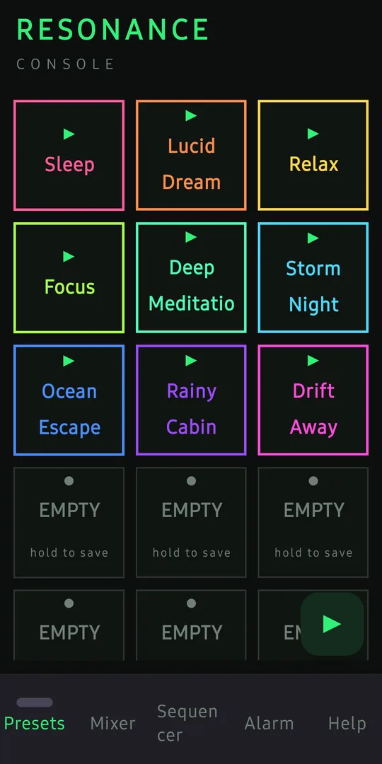 Resonance app presets grid — Sleep, Lucid Dream, Relax, Focus, Deep Meditation, Storm Night, Ocean Escape, Rainy Cabin, Drift Away