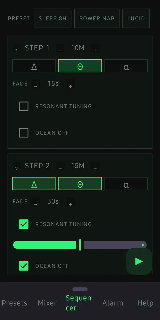 Resonance app Session Sequencer — timed steps shifting between Delta, Theta, and Alpha layers with fade and ambient toggles